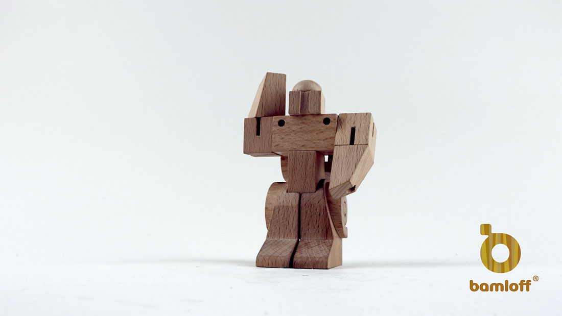 Woobots Kickstarter video robot white background Kickstarter video stop motion animation of wooden toy car transforming into a robot for crowdfunding campaign page